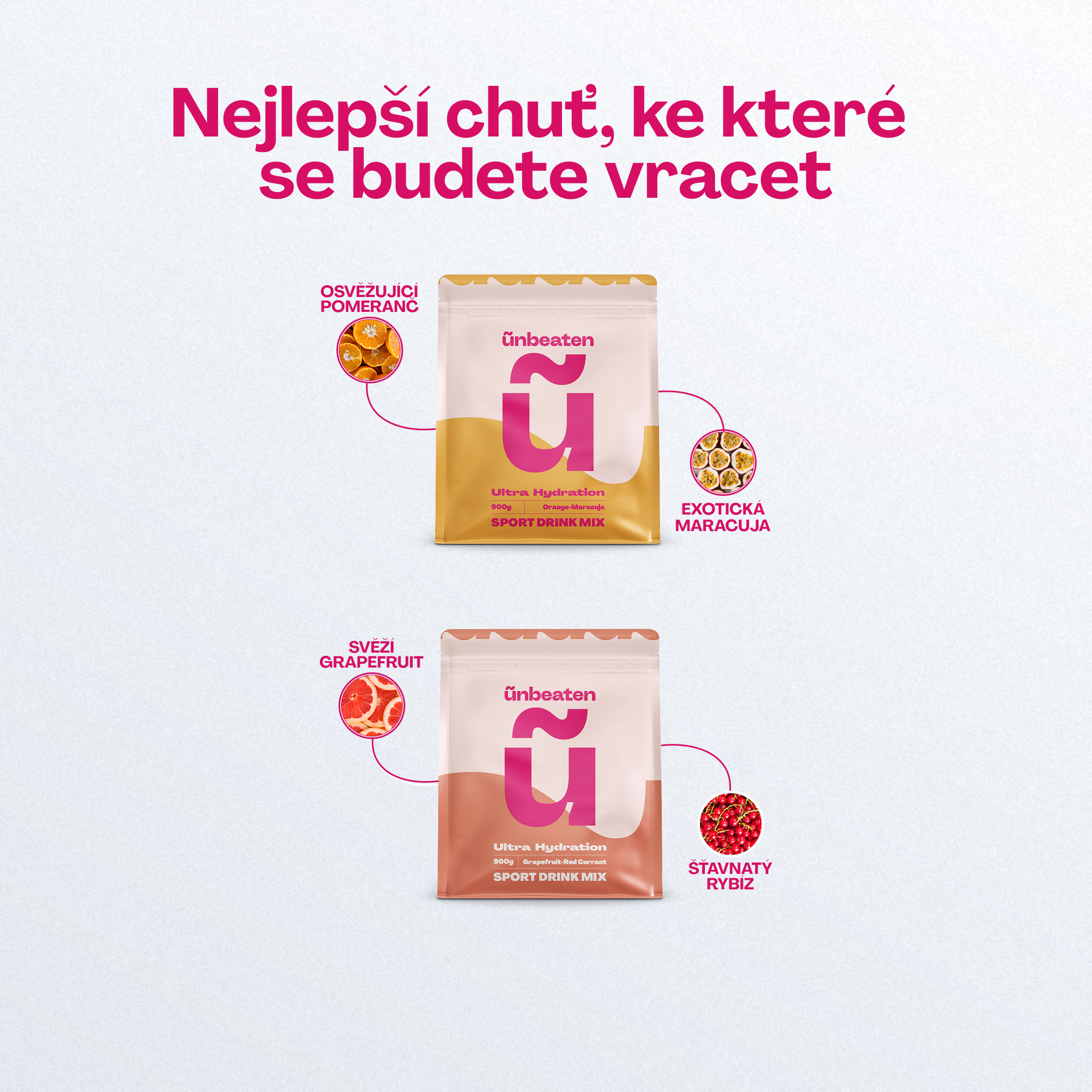 Ultra Hydration příchutě — grapefruit-rybíz a pomeranč-maracuja